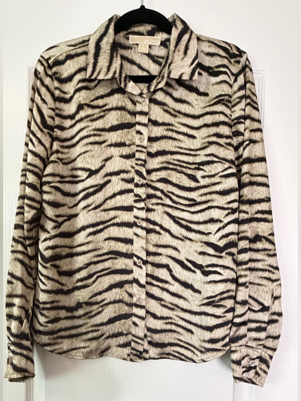 Michael Kors Tiger Print Button Down Blouse Women’s L Beige Black Animal Print